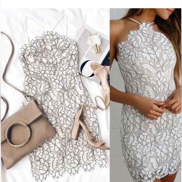 NWT Lulu’s Delicate Darling Beige & Ivory Lace Bodycon Halter Dress - Picture 7 of 10